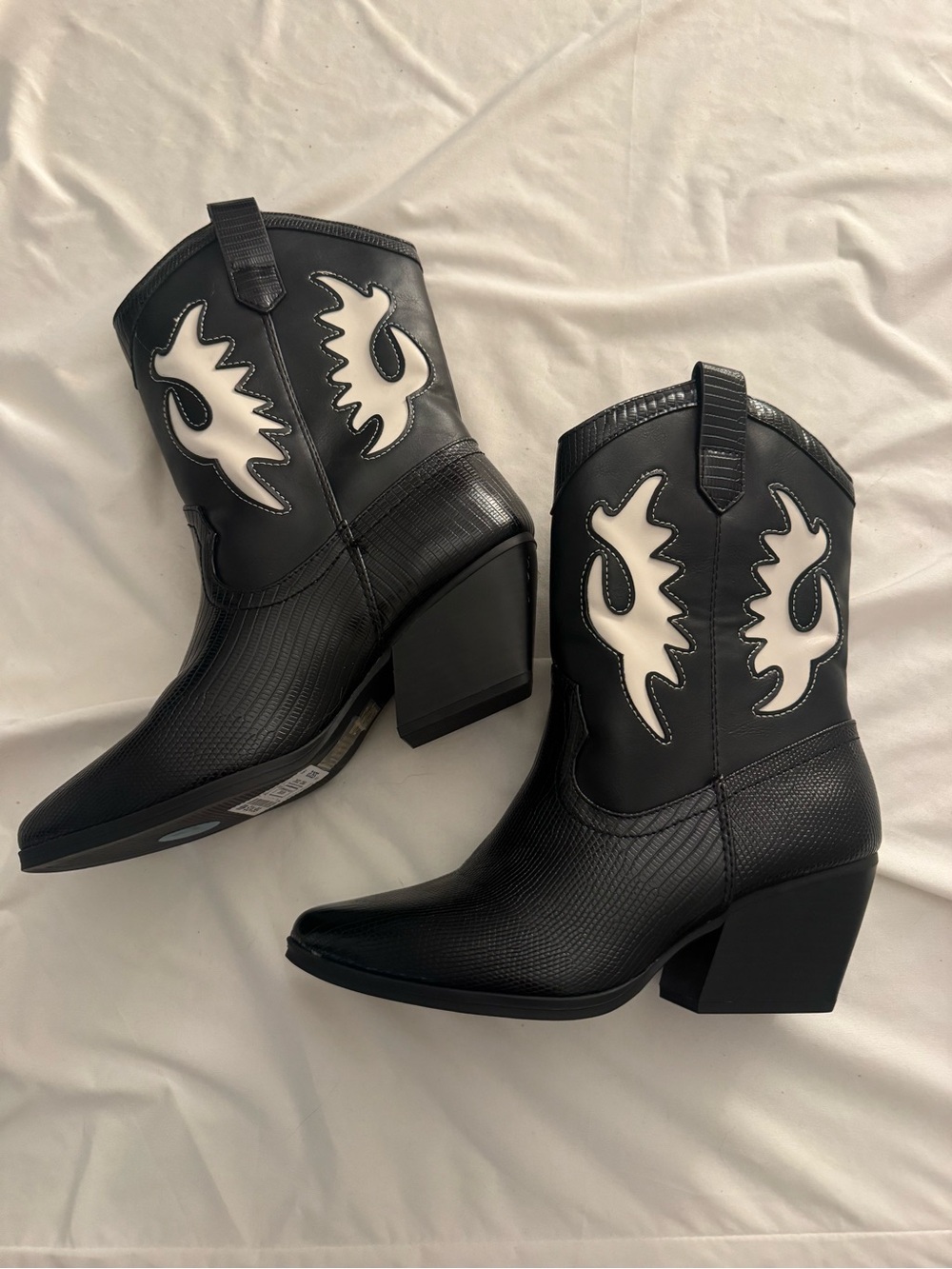 Black Western-Style Ankle Boots with White Inlay